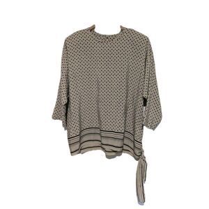 Vintage Lady Carol of New York 80s Tan Blue Hip Tie Blouse L/ XL Keyhole Back